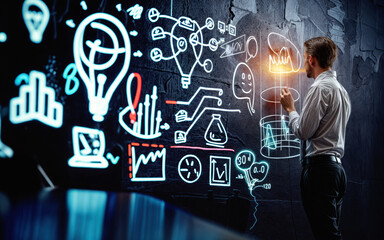 Businessman Drawing Idea of Business and Startup. Exemplifying Creative Leadership and Innovation in Office Brainstorming Session for Strategic Development, Collaborative Planning, Success Achievement