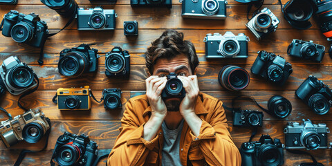 Fototapeta na wymiar Camera Enthusiast. Young photographer surrounded by an array of classic and modern cameras.