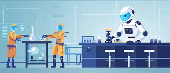 An AI Laboratory Scene: A picture of an artificial intelligence prototype or robot being worked on by scientists in a laboratory environment. This illustrates the AI research and development process.