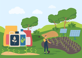 Farmer with instruments standiing near vegetable patches and solar panels. Vector illustration. Huge can with fertilisers. Modern technology and sustainable agriculture practices concept