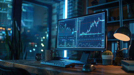 Computer Display with Stock Market Candlestick Chart - obrazy, fototapety, plakaty