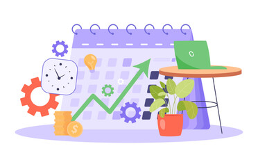 Huge flip calendar and arrow up. Vector illustration. Clock, table with laptop, stack of coins, lightbulb, gear wheels. Improving productivity of workers concept 