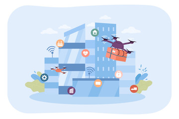 Smart city infrastructure vector illustration. Drones delivering parcels, buildings with smart technology icons. Modern technology concept