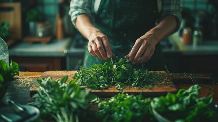 Person in apron cutting fresh herbs on cutting board in kitchen preparing ingredients for cooking meal