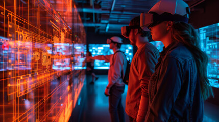 A data center corridor with red lighting showcases live stock market graphs on screens.