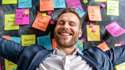 Businessman in Front of Wall of Sticky Notes. Strategic Planning, Idea Generation, Collaborative Brainstorming in Corporate Office Environment for Effective Decision-Making and Professional Success - obrazy, fototapety, plakaty