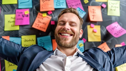 Foto op Plexiglas Businessman in Front of Wall of Sticky Notes. Strategic Planning, Idea Generation, Collaborative Brainstorming in Corporate Office Environment for Effective Decision-Making and Professional Success © remake