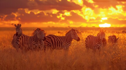 Fototapeta na wymiar Zebras in African Savanna Sunset