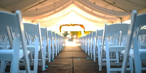 Empty outdoor wedding tent with white chairs and decorations awaiting guests. Concept Outdoor Weddings, Tent Decor, Event Design, Wedding Planning, Guest Experience - obrazy, fototapety, plakaty