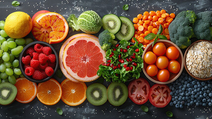 Colorful assortment of fresh fruits and vegetables arranged in a gradient on a dark background.
