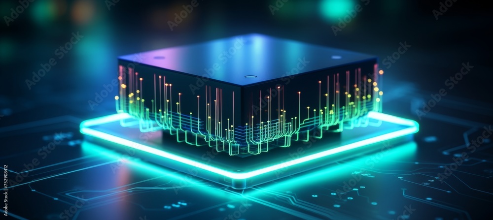 Poster futuristic high speed router hologram for secure home networks on blurred background with text area.