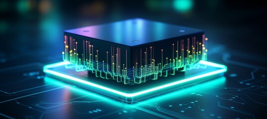 Futuristic high speed router hologram for secure home networks on blurred background with text area.