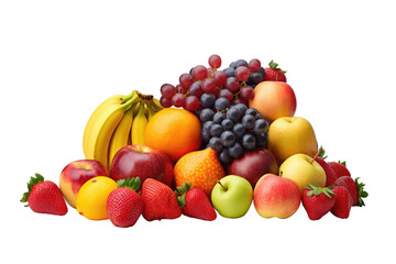 Pile of various types of fresh organic fruits ( red strawberry, green apple, mangosteen, kiwi, orange, acerola cherry and grapes fruit ) isolated on white background.