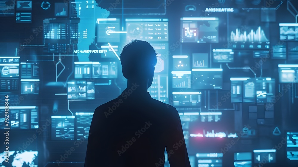Poster a businessman standing in front of a data analysis on screen.