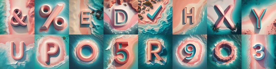 Coastline sea and sand 3D Lettering Typeface. AI generated illustration - obrazy, fototapety, plakaty