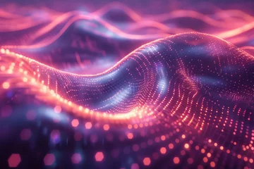 Fotobehang Vibrant digital wave landscape with particles. A high-quality 3D render of a dynamic digital wave landscape with illuminated particle dots creating a cosmic atmosphere. © Merilno