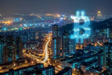 Fototapeta na wymiar Illuminated Bitcoin Skyline
