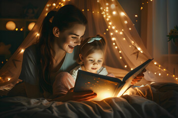 Mutter und Tochter am vorlesen