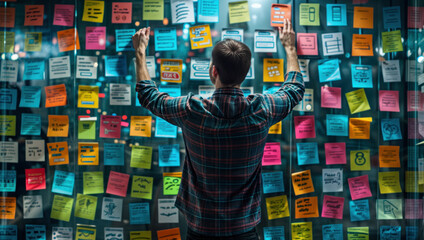 Businessman in Front of Wall of Sticky Notes. Strategic Planning, Idea Generation, Collaborative Brainstorming in Corporate Office Environment for Effective Decision-Making and Professional Success