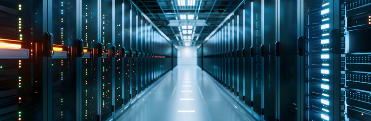 Fototapeta premium Data center for cloud computing and big data storage. Server room with rows of rack-mounted servers. Supercomputer or mainframe.