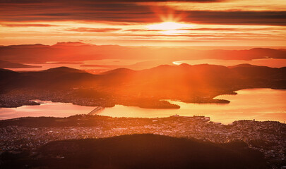 The view of the Derwent River, Tasman Bridge and the city Hobart from the Mount Wellington lookout...