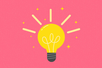 Bright poster, banner, flat glowing light bulb on textured pink background. Answer, idea, problem solving or business solution concept.