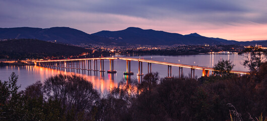 The view of the Tasman Bridge in the twilight in Hobart