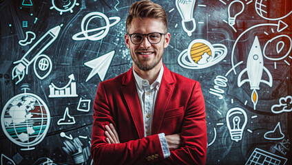 Businessman Standing in Front of Drawing Idea of Business and Startup. Collaboration and Creativity in Office Environment for Strategic Development, Entrepreneurial Success, Professional Innovation