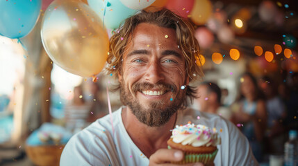 Happy young man holding a cupcake in his hands while enjoying his birthday. Party, birthday celebration. - Powered by Adobe