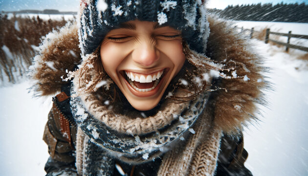 Joyful moment of a young woman in a snow day at winter landscape