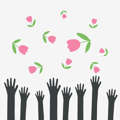 Catching the flowers. silhouette of hands tossing flowers into the sky. vector illustration