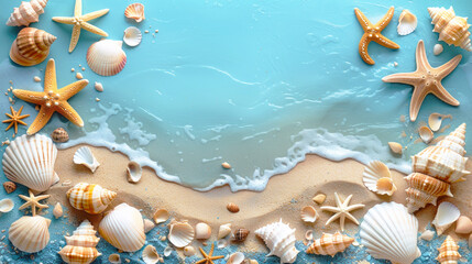 Seashells and starfish on a blue background. Summer sea background, greeting card. Copy space. - obrazy, fototapety, plakaty