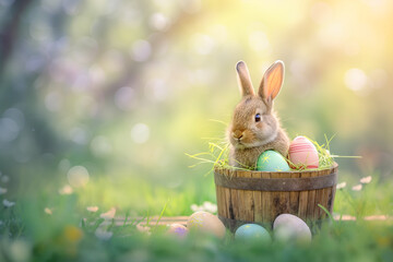 little bunny in a basket with colorful eggs for easter on a green meadow on background, easter card, generative AI