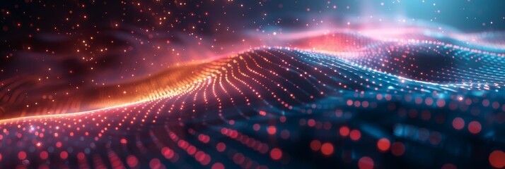 Fototapeta premium Vibrant digital wave landscape with particles. A high-quality 3D render of a dynamic digital wave landscape with illuminated particle dots creating a cosmic atmosphere.