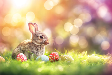 Fototapeta na wymiar little bunny in a basket with colorful eggs for easter on a green meadow on background, easter card, generative AI