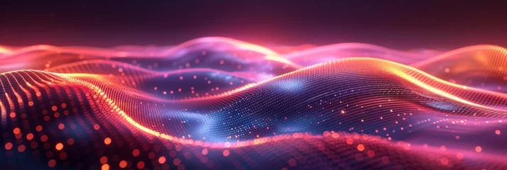 Fototapeten Vibrant digital wave landscape with particles. A high-quality 3D render of a dynamic digital wave landscape with illuminated particle dots creating a cosmic atmosphere. © Merilno