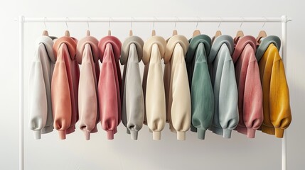 a variety of youth cashmere sweaters, hoodies, and sweatshirts arranged neatly on a clothes rack, suitable for mock-up advertising merch.