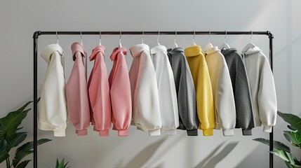 a variety of youth cashmere sweaters, hoodies, and sweatshirts arranged neatly on a clothes rack, suitable for mock-up advertising merch.