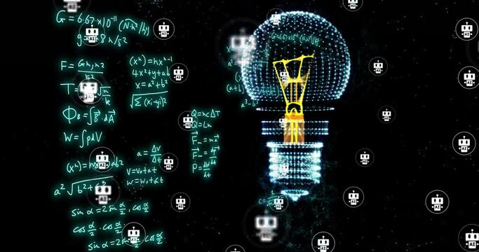 Animation of light bulb with ai icons over mathematical equations on blue background