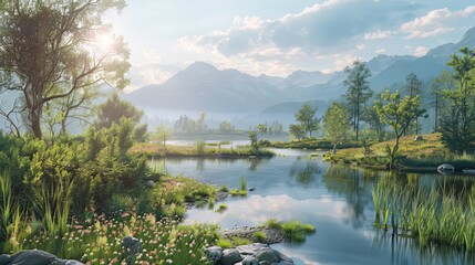 An AI-Enhanced Nature Scene: A serene natural landscape with elements enhanced or transformed by AI, such as hyper-realistic textures, augmented reality overlays, or AI-generated wildlife.