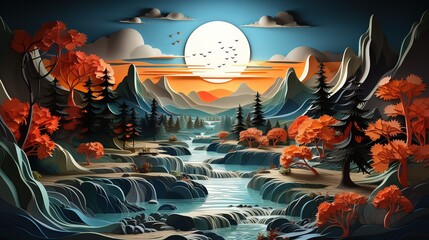 A meticulously crafted paper art landscape featuring a full moon over a cascading waterfall, surrounded by autumnal trees.