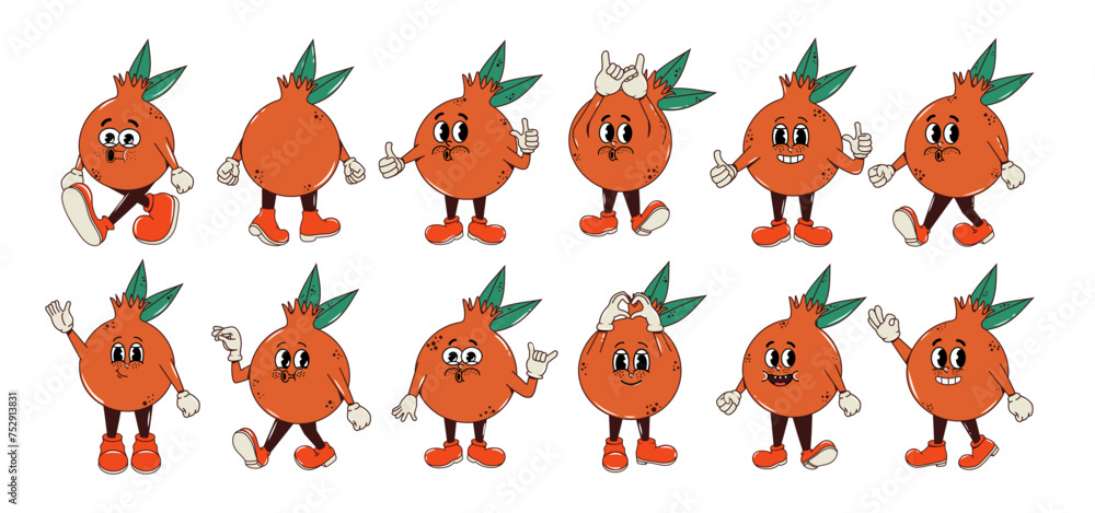 Poster a set of fruit and berry in different poses and with facial expression. retro and vintage icons with