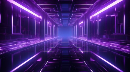 A symmetric view of a futuristic corridor glowing with dark purple neon lights and reflective floor, creating a sense of depth and mystery.