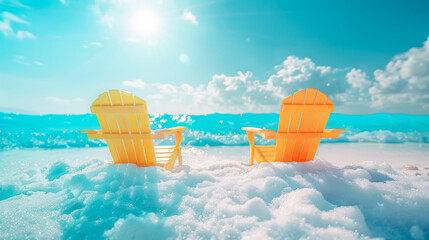 Sunny beach day with two empty chairs on white sand