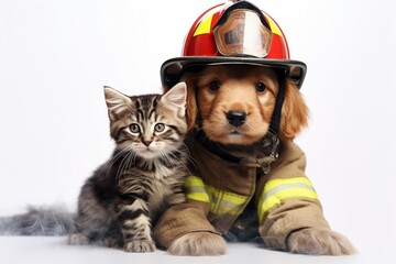 Dog as a firefighter saving a kitten