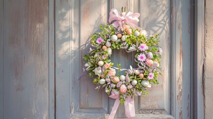 Fototapeta na wymiar Spring Easter Wreath with Flowers and Pastel Ribbons