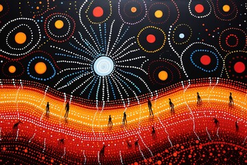 An intricate Aboriginal dot painting depicting Dreamtime stories with vivid colors and patterns. - obrazy, fototapety, plakaty
