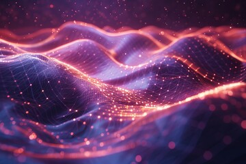 Vibrant digital wave landscape with particles. A high-quality 3D render of a dynamic digital wave landscape with illuminated particle dots creating a cosmic atmosphere.