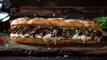 a long beef cheesesteak sandwich topped with white cheese.