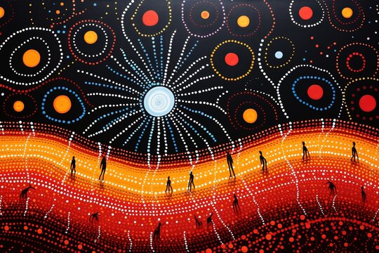 An intricate Aboriginal dot painting depicting Dreamtime stories with vivid colors and patterns.